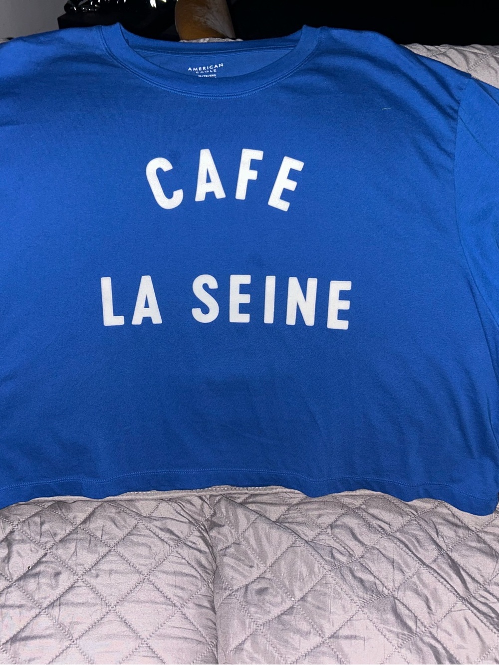 Blue "Cafe La Seine" cropped Graphic Tee